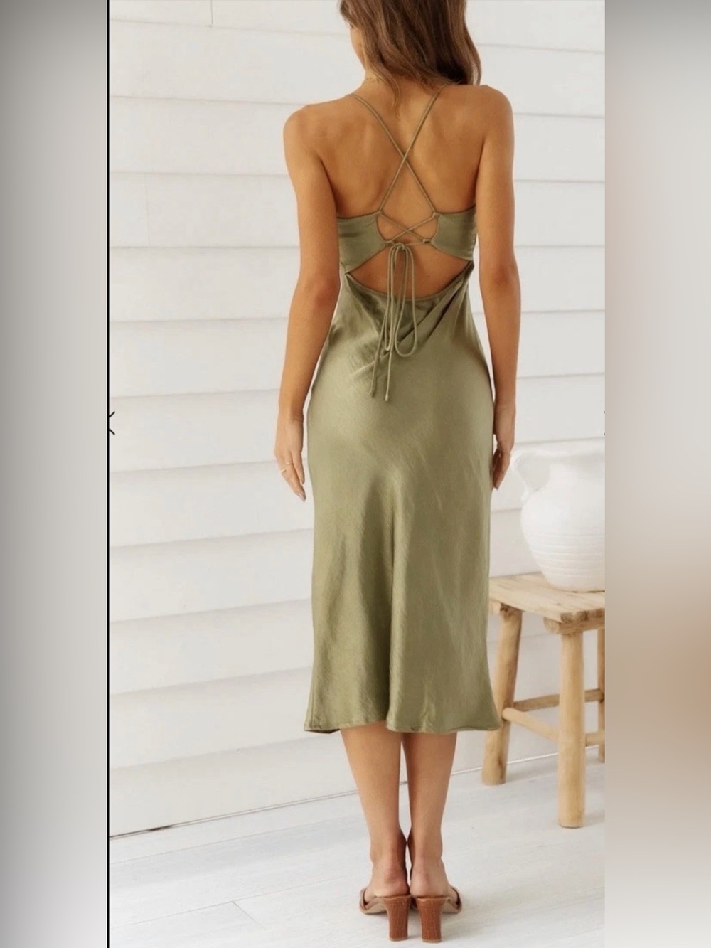 Hello Molly Smooth Sounds  Olive  Slip Midi Dress with Side Slit-4 - Picture 3 of 4